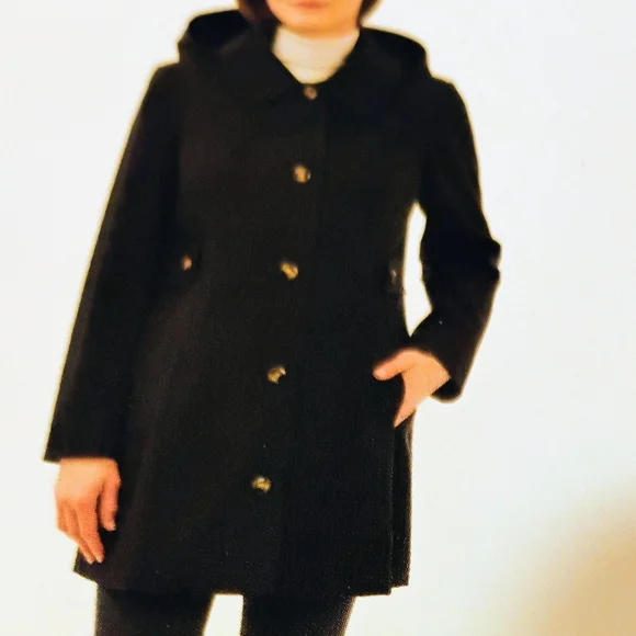 Anne Klein Black Trench Coat Snap Front Closure Removable Hood - Picture 4 of 6